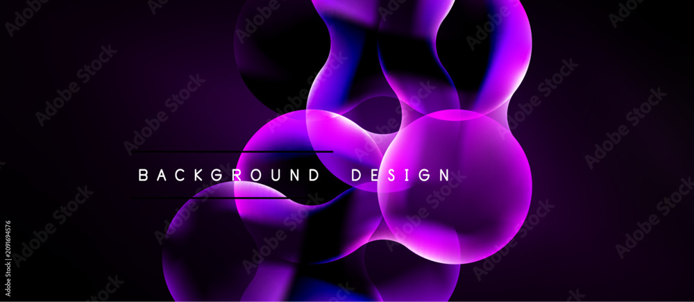Naklejka premium Abstract purple design. Glowing shapes overlap dark background. Modern aesthetic, dynamic composition, vibrant colors present.