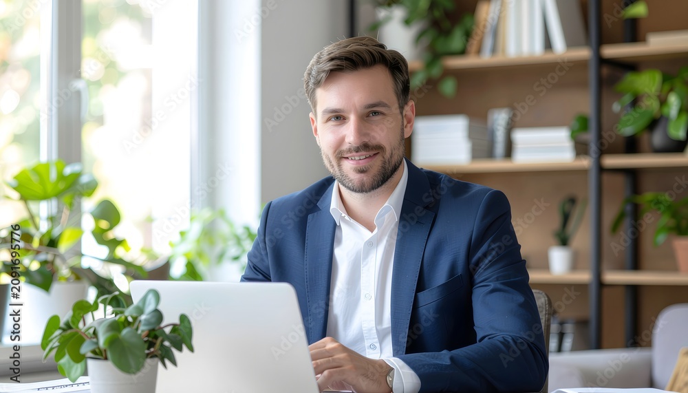 Fototapeta premium Successful Businessman at Desk with Laptop in Bright Office Workspace