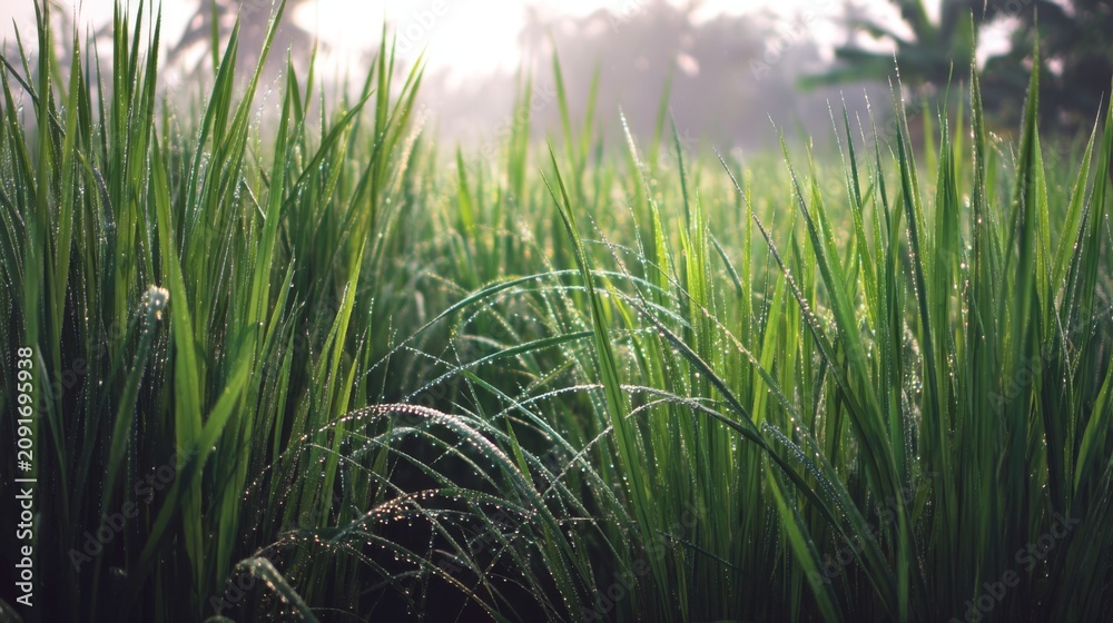 Fototapeta premium Fresh Green Grass Blades with Morning Dew in Misty Landscape Capturing Nature's Beauty and Serenity in Agricultural Field at Dawn