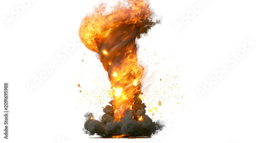 Fényképezés Fiery tornado vortex with glowing embers and dark smoke, isolated on transparent