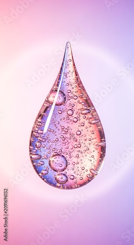 Transparent Pink Serum Droplet with Air Bubbles on Soft Pastel Gradient Background