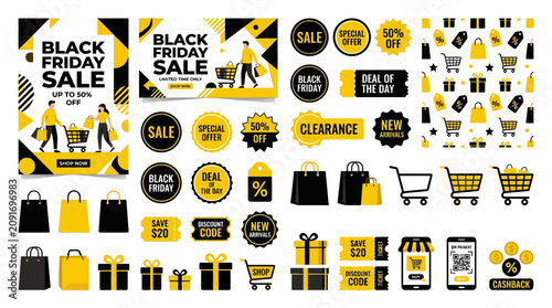 Cuadro en lienzo Black Friday sale shopping icons set.