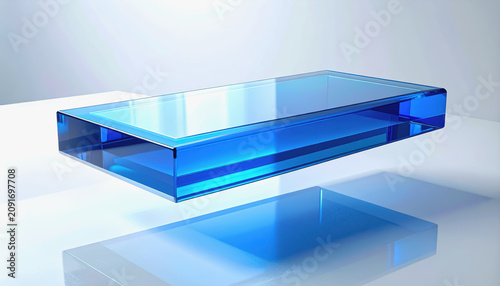 Abstract blue glass rectangular prism object with reflection on white surface