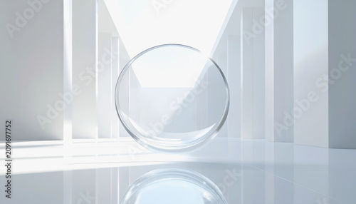 Abstract minimalist architectural space with a floating glass sphere and reflections