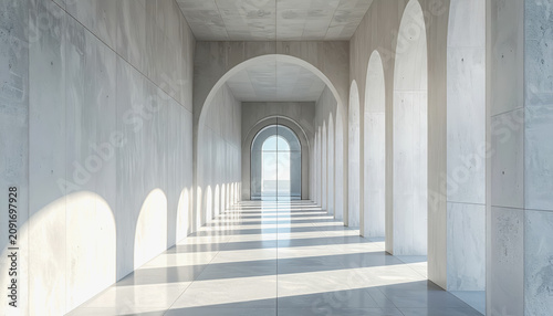 Modern Concrete Archway Corridor with Natural Light and Shadows