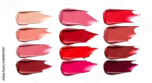 Colorful Lipstick Swatches Arranged in Neat Rows on White Background