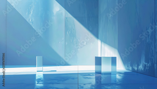 Abstract Blue Geometric Cubes with Light Rays in Modern Architectural Space