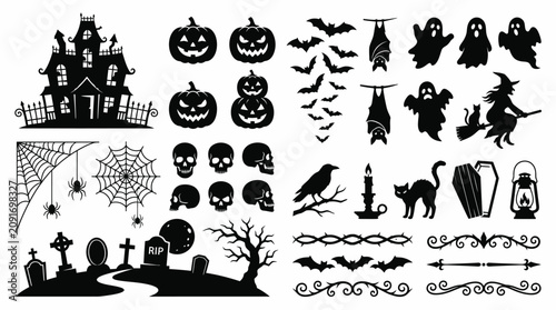 Canvas Print Black Halloween icons and silhouettes set.