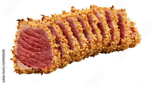 Canvastavla Seared tuna steak coated in sesame seeds, sliced and isolated on transparent bac