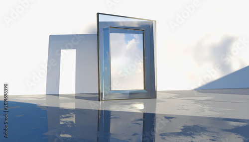 Modern minimalist frame reflecting sky and clouds on a wet tiled floor