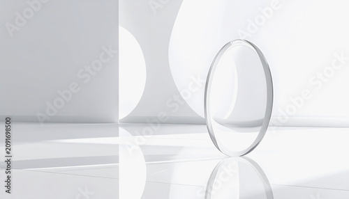 Minimalist white interior with a single oval glass object and soft light