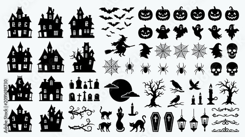 Schilderij op canvas Black Halloween icons on white background.