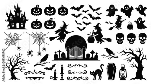 Foto Black Halloween icons on white background.