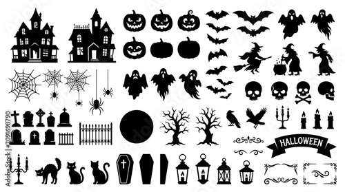 Konstfotografi Black Halloween icons on white background.