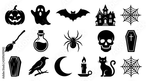 фотографія Black Halloween icons on white background.