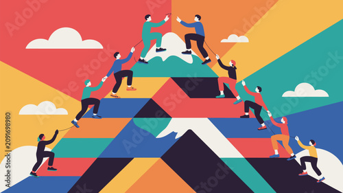 Team members climb a large mountain together while helping each other reach the summit for success.