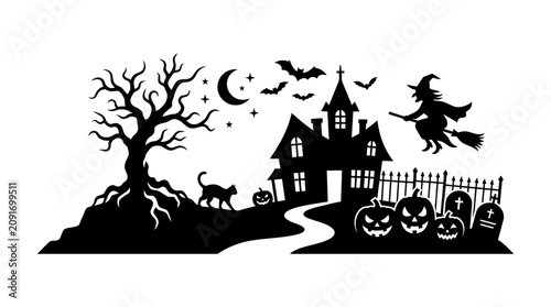 Tableau sur toile Black silhouette of a witch flying.