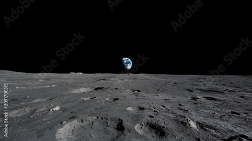 Small blue marble on the textured surface of the moon