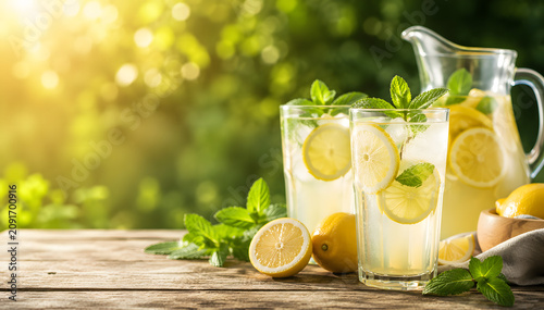 Refreshing homemade lemonade with lemon slices and mint on wooden table in sunny outdoor garden setting