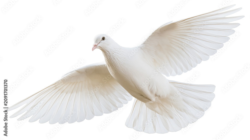 Fototapeta premium White dove with spread wings flying, isolated on transparent background