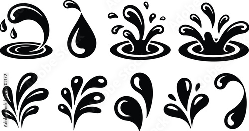 Foto Water splash wave elements black ink jet fluid spray drops ripples collection ve