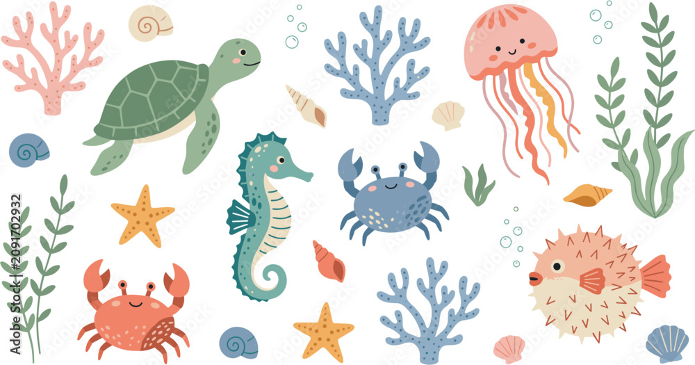 Fototapeta premium Cute Underwater Sea Life Illustration Set with Turtle Seahorse Jellyfish and Coral.