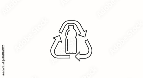Line art icon of a plastic bottle inside a universal recycling symbol, representing environmental conservation and waste management.