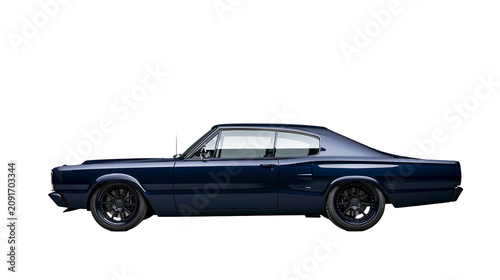 Obraz na płótnie Dark blue classic muscle car with black rims, isolated on transparent background