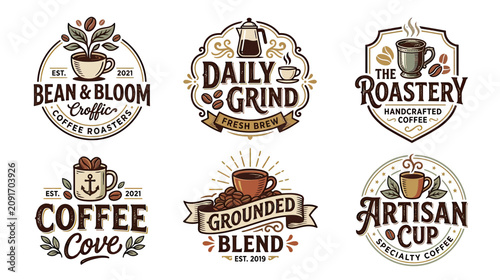 Tableau sur toile Coffee Shop Logos Set - Artisan Roasters, Daily Grind, Bean & Bloom