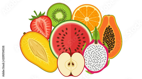 Collection of colorful fresh fruit cross sections showing internal texture