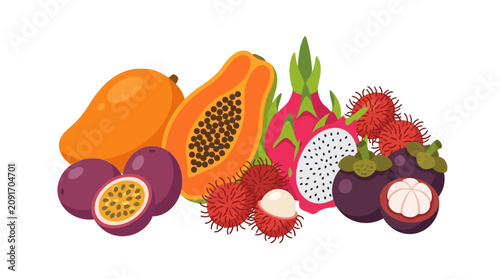 Vibrant collection of fresh exotic tropical fruits and organic summer produce