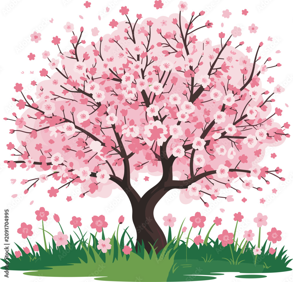 Fototapeta premium Beautiful blooming pink cherry blossom tree with spring flowers and green grass vector on white background.