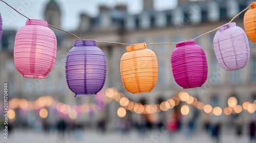 A vibrant row of colorful paper lanterns hangs in the foreground against a blurred, elegant city square, evoking a festive and celebratory atmosphere.
