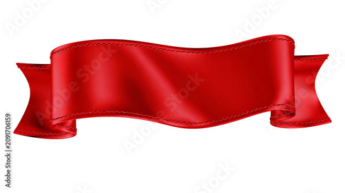 Foto Shiny red satin ribbon banner with stitched edges, isolated on transparent backg