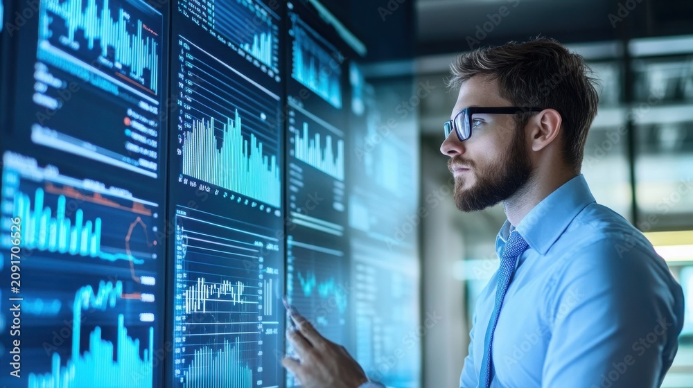 Fototapeta premium Businessman wearing glasses studies real time market fluctuations on a large illuminated digital display.