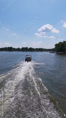 Vertical Drone View of a Speedboat Racing Down a Sunny Summer River