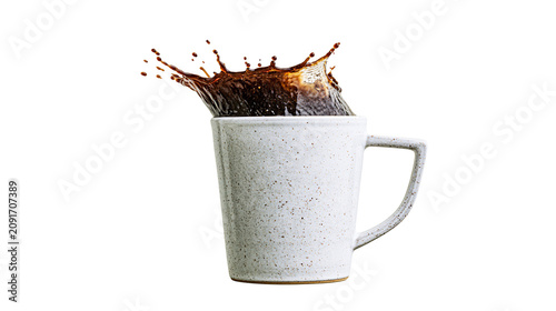 Cuadro en lienzo White speckled ceramic mug with dark coffee splashing upwards, isolated on trans