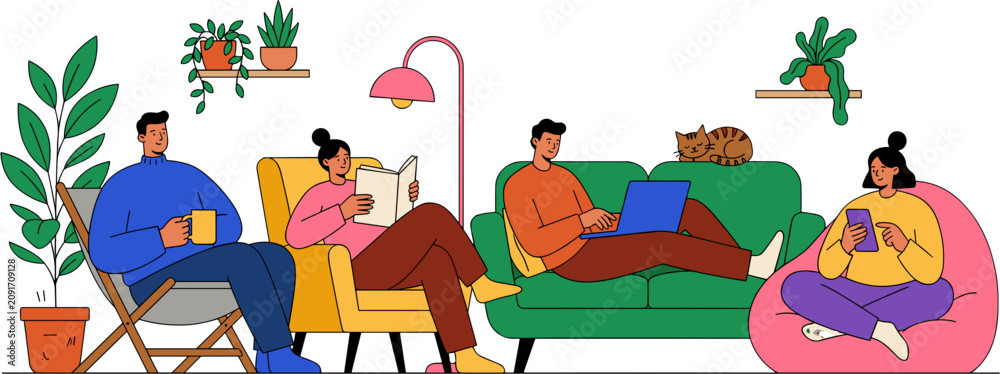 Fototapeta premium Group of diverse people relaxing in a cozy living room with plants and modern furniture illustration.