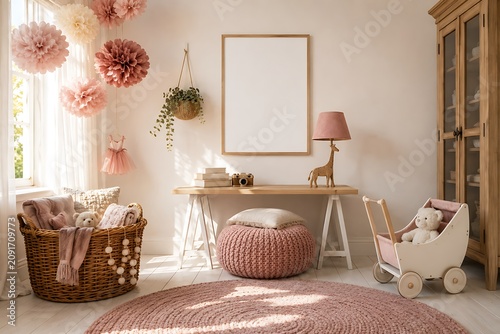 Nursery Room Decor: A charming and cozy nursery room is decorated with soft pink hues, featuring a basket of blankets, a small wooden crib with a teddy bear, and hanging pom-poms.