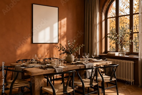 Warm Autumn Dining Room: A rustic wooden dining table is elegantly set for a meal, bathed in the soft, golden light of an autumn afternoon filtering through a large arched window.