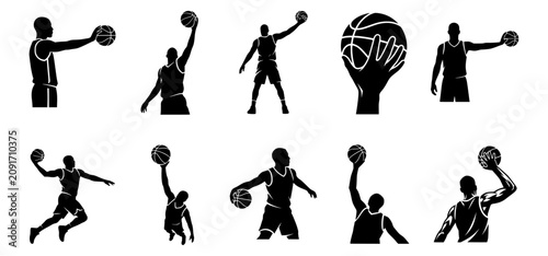 Foto Basketball Players Palming Ball and Athlete One-Handed Grip Silhouettes Set