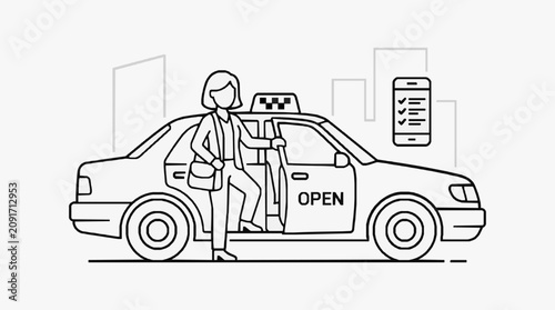 Industrial Style Line Drawing of Taxi Pickup with Professional Woman and Mobile Checklist with high quality professional line art symbols for modern creative design and digital branding projects