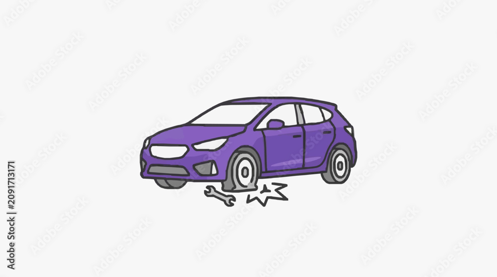 Fototapeta premium Industrial of Purple Car Undergoing Flat Tire Repair with Wrench and Spark Effect with high quality professional line art symbols for modern creative design and digital branding projects
