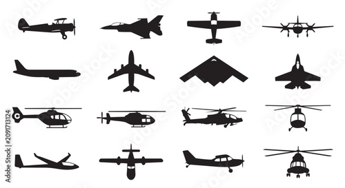 Set of military and civil aviation aircraft silhouettes collection with airplane aircraft silhouette