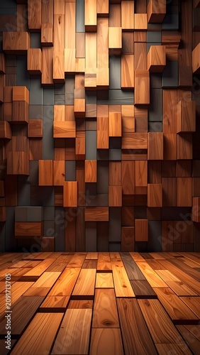 Textured Wooden Blocks Wall in Modern Interior Setting