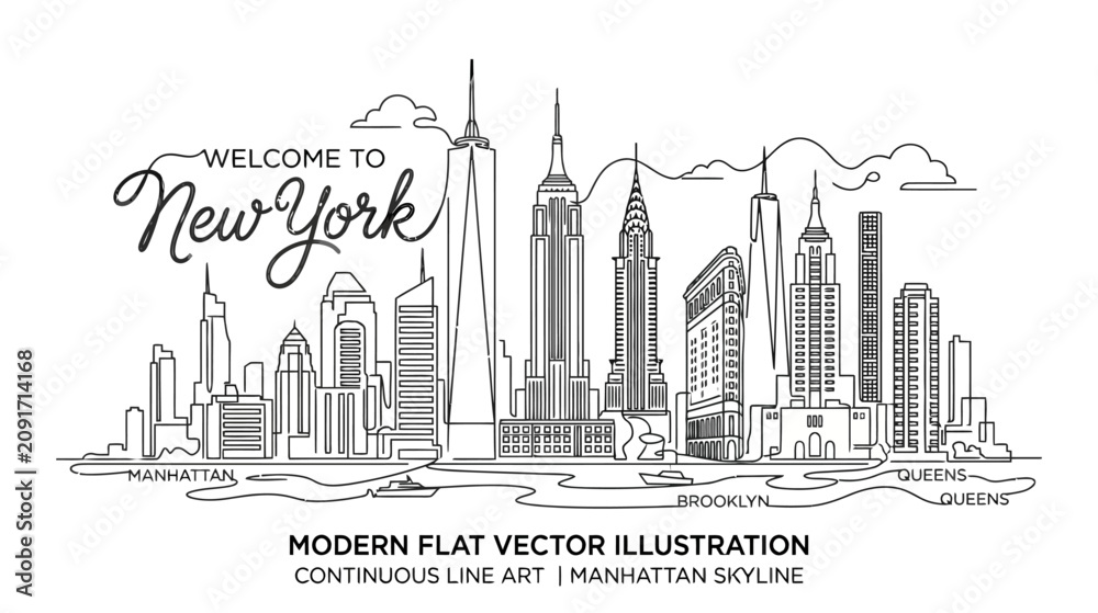 Fototapeta premium Welcome to New York City Skyline, Continuous Line Art Illustration