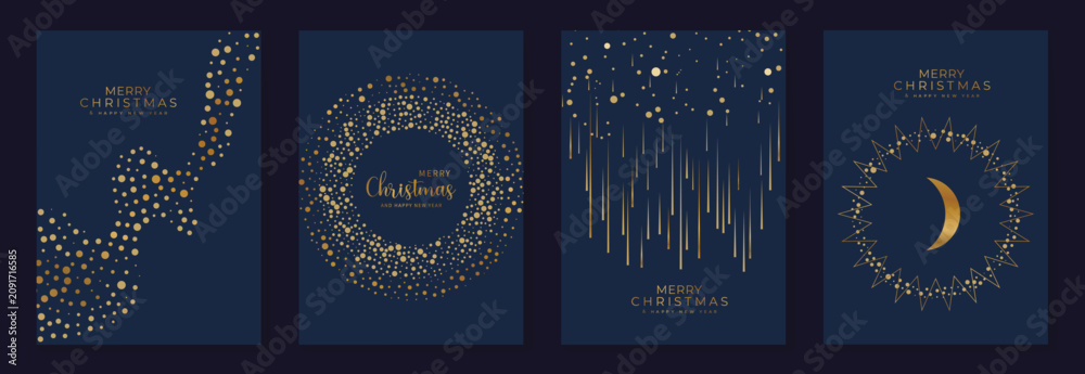 Fototapeta premium Luxury Christmas invitation template vector with art deco gold celestial ornaments, moon, stars, wreath and firework line art on dark blue background for cover, poster, print and wallpaper
