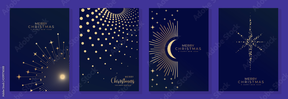 Fototapeta premium Luxury Christmas invitation template vector with art deco gold celestial ornaments, moon, stars, wreath and firework line art on dark blue background for cover, poster, print and wallpaper