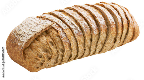 Foto Sliced whole wheat artisan bread loaf with a rustic crust, isolated on transpare