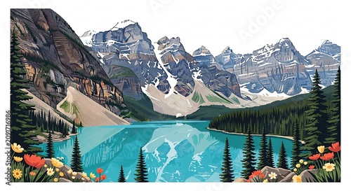 Beautiful illustration of Moraine Lake with majestic rocky mountains and pine trees in the foreground.